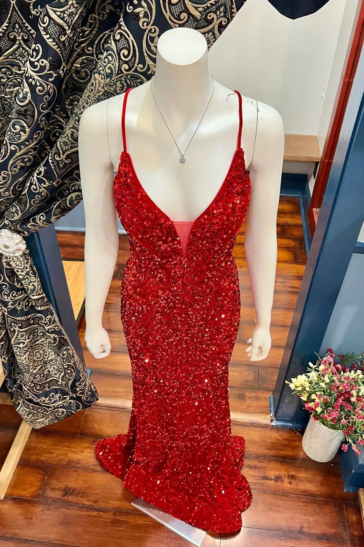 Straps Red Sequin Mermaid Long Formal HZ0307