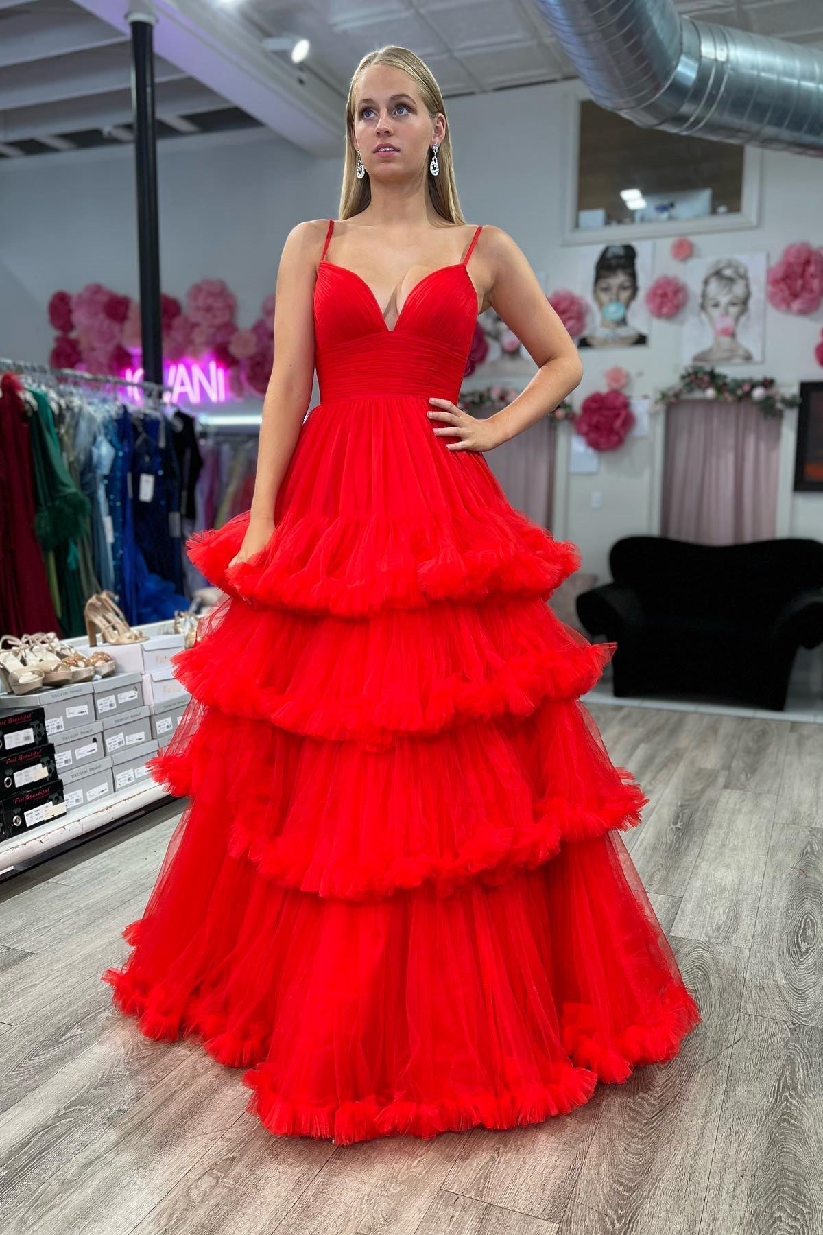 Straps Red Tiered Ruffles A-line Long Formal HZ0307