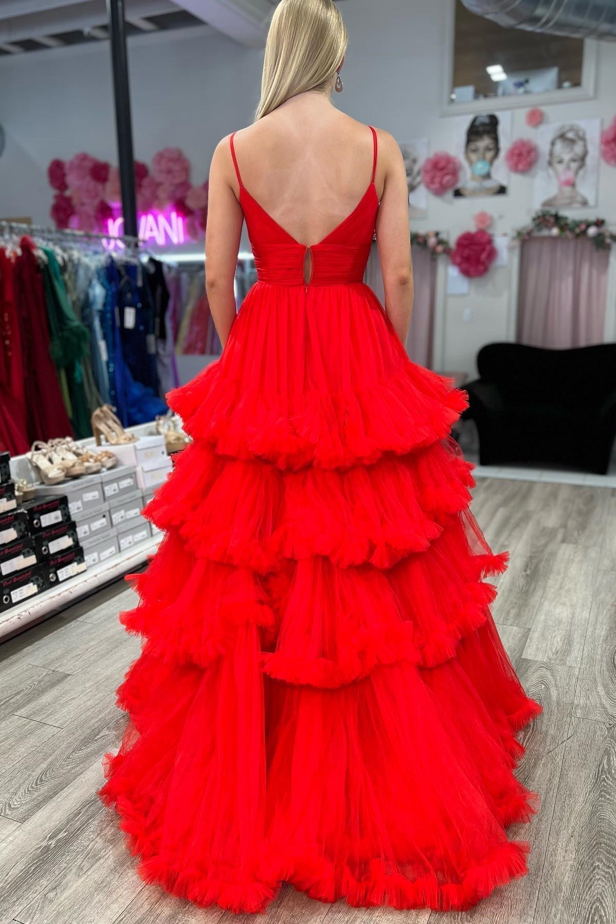 Straps Red Tiered Ruffles A-line Long Formal HZ0307