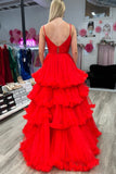 Straps Red Tiered Ruffles A-line Long Formal HZ0307