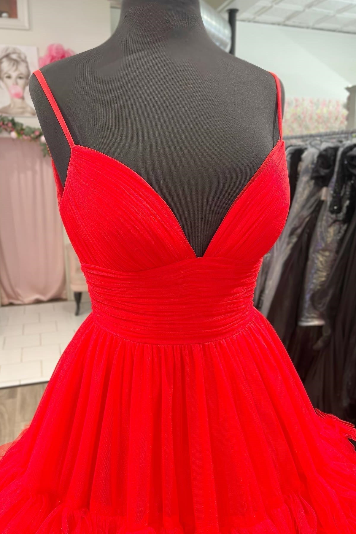 Straps Red Tiered Ruffles A-line Long Formal HZ0307