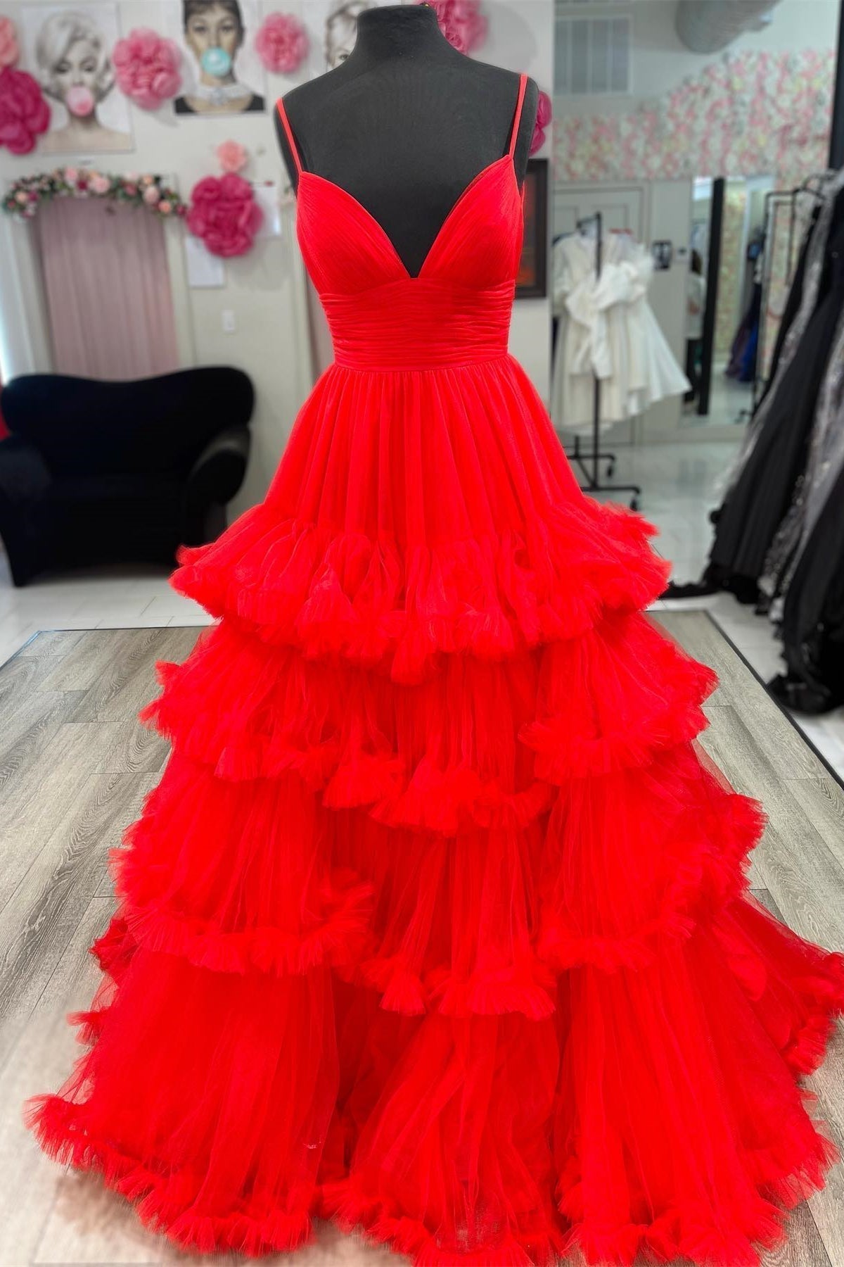 Straps Red Tiered Ruffles A-line Long Formal HZ0307