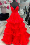 Straps Red Tiered Ruffles A-line Long Formal HZ0307