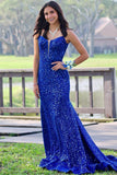 Straps Royal Blue Sequin Mermaid Long Formal Dress with HZ0307