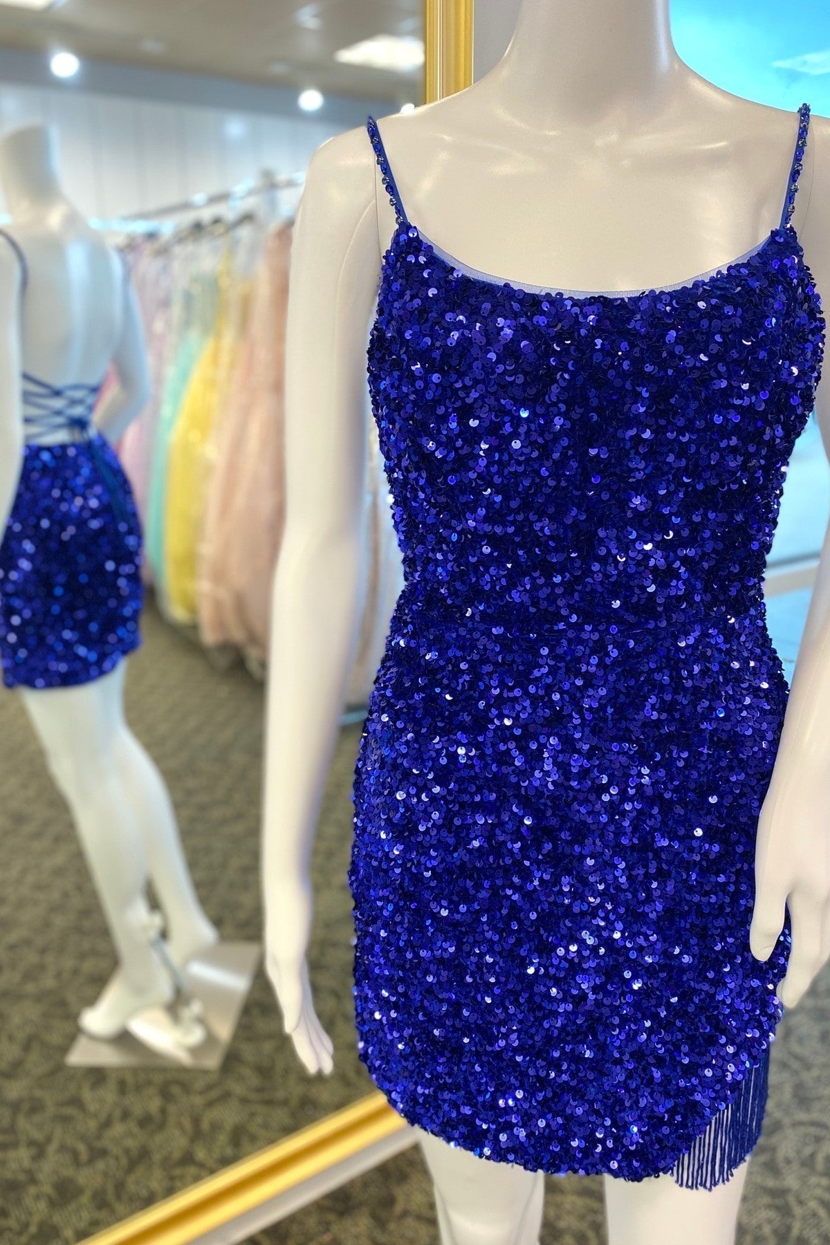 Straps Royal Blue Sequin Tassels Tight Mini HZ0307