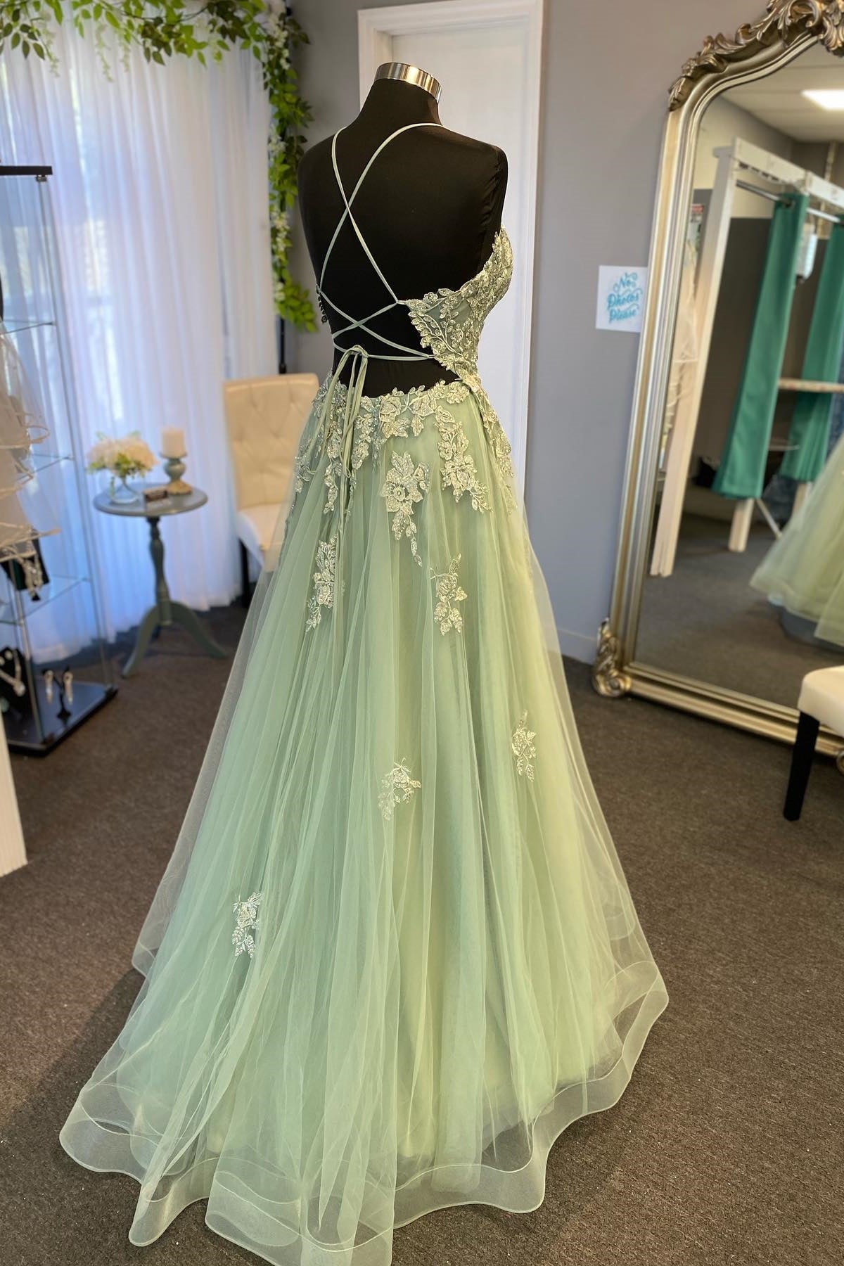 Straps Sage Green Appliques A-line Long Formal HZ0307
