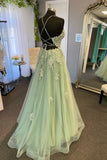 Straps Sage Green Appliques A-line Long Formal HZ0307