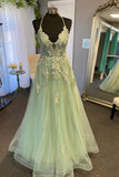 Straps Sage Green Appliques A-line Long Formal HZ0307