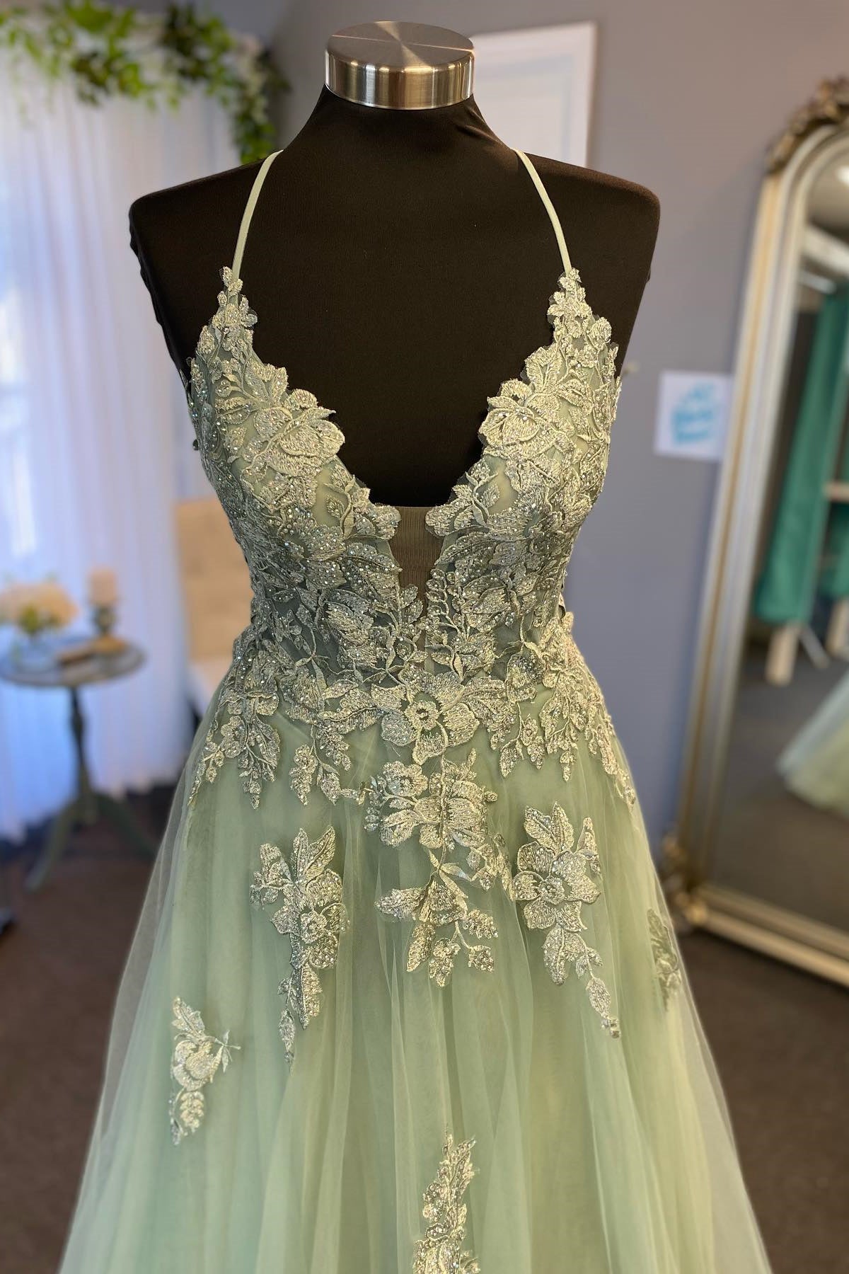 Straps Sage Green Appliques A-line Long Formal HZ0307