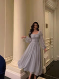 Stunning A line Square Neckline Long Sleeves Chiffon Blue Date Night Dress Prom Dresses Birthday Party Outfit, HZ0307