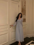 Stunning A line Square Neckline Long Sleeves Chiffon Blue Date Night Dress Prom Dresses Birthday Party Outfit, HZ0307