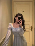 Stunning A line Square Neckline Long Sleeves Chiffon Blue Date Night Dress Prom Dresses Birthday Party Outfit, HZ0307