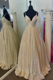 Stunning Gold Spaghetti Straps Gold A-line Long Princess HZ0307