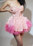 Stylish Pink Homecoming Dresses Sequin Feather Mini Party HZ0307