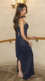 Stylish Sheath Strapless Navy Blue Lace Long Party HZ0307