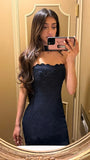 Stylish Sheath Strapless Navy Blue Lace Long Party HZ0307