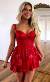 Sweet Lace Sequin Homecoming Dress, Off The Shoulder Hoco Dress, Red Ruffle Graduation HZ0307
