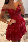 Sweet Lace Sequin Homecoming Dress, Off The Shoulder Hoco Dress, Red Ruffle Graduation HZ0307
