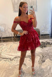 Sweet Lace Sequin Homecoming Dress, Off The Shoulder Hoco Dress, Red Ruffle Graduation HZ0307