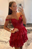 Sweet Lace Sequin Homecoming Dress, Off The Shoulder Hoco Dress, Red Ruffle Graduation HZ0307