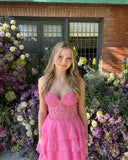 Sweet Pink Beaded Applique Lace Evening Prom Dress, HZ0307