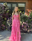 Sweet Pink Beaded Applique Lace Evening Prom Dress, HZ0307