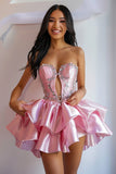 Sweet Pink Beaded Homecoming Dresses Sexy Ruffle Graduation HZ0307
