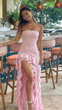 Sweet Pink Bodycon Ruffle Party Dress, Split Strapless Homecoming HZ0307