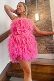 Sweet Pink Feather Short Dress Sleeveless Homecoming Dress, HZ0307