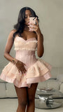 Sweet Pink Homecoming Dresses Lace Ruffle Birthday Party HZ0307