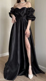 Sweetheart A-line Black Prom Dress With Bubble Sleeves, HZ0307