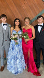 Sweetheart Blue White Floral Chiffon Ruffle Prom Dress Long Evening Party Dress, HZ0307