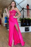 Sweetheart Fuchsia Bodycon Prom Dress With Lace Top, Sexy Slit Long Prom HZ0307