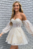 Sweetheart Ivory Lace Homecoming Dresses 3/4 Sleeves Mini Party Gown, HZ0307
