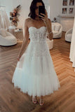 Sweetheart Lace White Homecoming Dresses Tea Length Prom Dresses, HZ0307