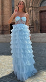 Sweetheart Light Blue A-Line Prom Dress, Ruffle Evening Dress, HZ0307