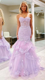 Sweetheart Lilac Mermaid Prom Dresses, Appliques Senior Prom Dress Long Party HZ0307