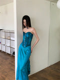 Two Pieces Sweetheart Peacock Blue Silk Satin Prom Dress Summer Party Dresses, HZ0307