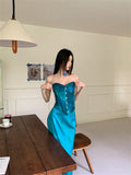 Two Pieces Sweetheart Peacock Blue Silk Satin Prom Dress Summer Party Dresses, HZ0307