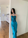 Two Pieces Sweetheart Peacock Blue Silk Satin Prom Dress Summer Party Dresses, HZ0307