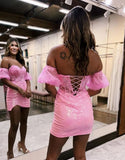 Discount Sweetheart Pink Lace Bodycon Mini Homecoming Dresses Short Cocktail Brithday HZ0307