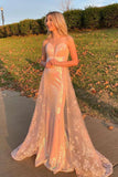 Sweetheart Rose Gold Sequin Long Prom Dress With Lace HZ0307