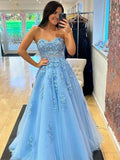 Sweetheart Sky Blue Floral A-Line Evening Prom HZ0307