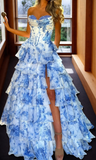 Sweetheart Blue White Floral Chiffon Ruffle Prom Dress Long Evening Party Dress, HZ0307