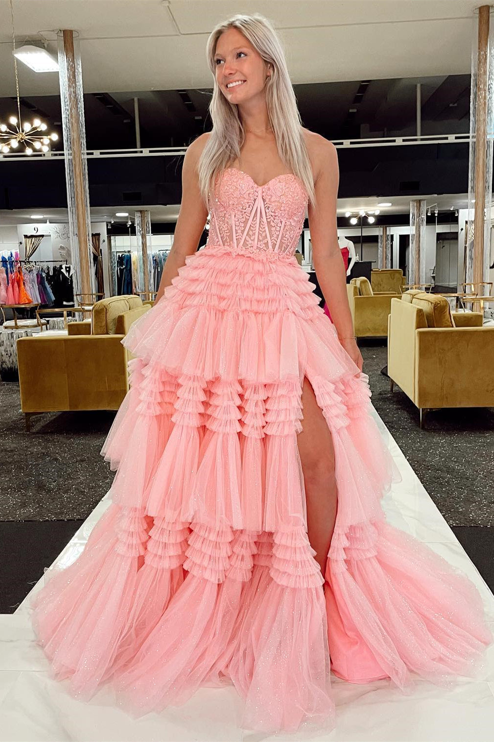 Sweetheart Lace and Tiered Ruffle Long Prom HZ0307