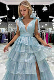 Tie Up Organza Ruffle Long Prom HZ0307
