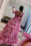 Tie Up Organza Ruffle Long Prom HZ0307