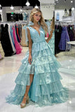 Tie Up Organza Ruffle Long Prom HZ0307