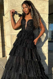 Tie Up Straps Ruffle Lace Skirt Long Prom Dresses, Plung Neck Evening HZ0307