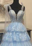 Tie Up Straps Ruffle Lace Skirt Long Prom Dresses, Plung Neck Evening HZ0307